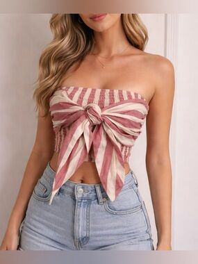 MOON RIVER Stripe Bow Wrap Ruched Crop Tube Top Women’s Sz S NWT